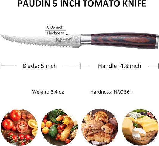 PAUDIN Tomato Knife, 5 inch Serrated Tomato Knives with Sheath, High Carbon Stainless Steel Tomato Slicer Knife for Smooth Cutting Slicing Vegetables and Fruits