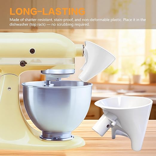 Flour Funnel for Kitchen Aid Stand Mixer, Easy Pour No-Mess Attachment fit for Tilt-Head Stand Mixer 4.5 & 5 Quart (KSM150), White Plastic Kitchen Accessory