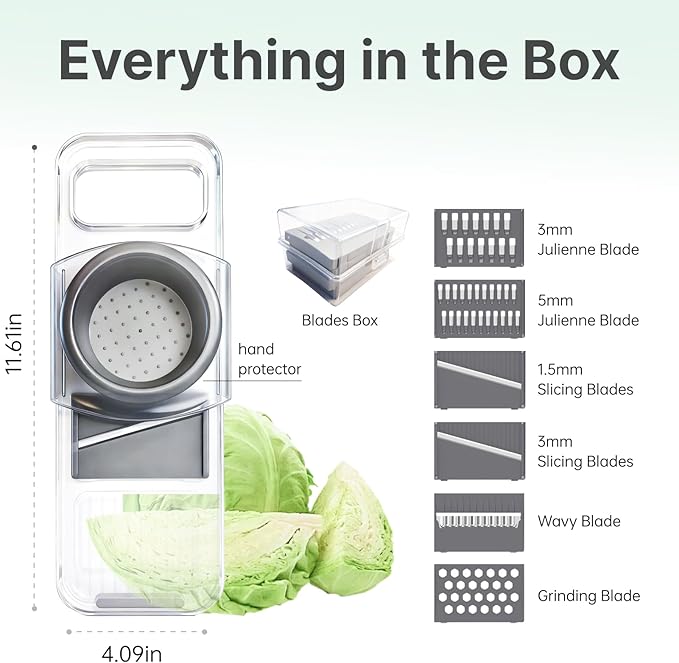 ZKIRON Mandoline Slicer for Kitchen - 6-in-1 Multifunctional Vegetable Cutter with Transparent Body & Safe Hand Guard, Compact Stainless Steel Food Slicer for Salad, Potato, Onion