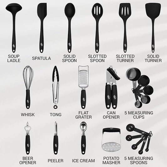 Kaluns Silicone Kitchen Utensils Set 24 Pcs Silicone Cooking Utensils Set - Can Opener, Masher, Turner, Spatula 446°F Heat Resistant Non-Stick - Premium Utensil Set
