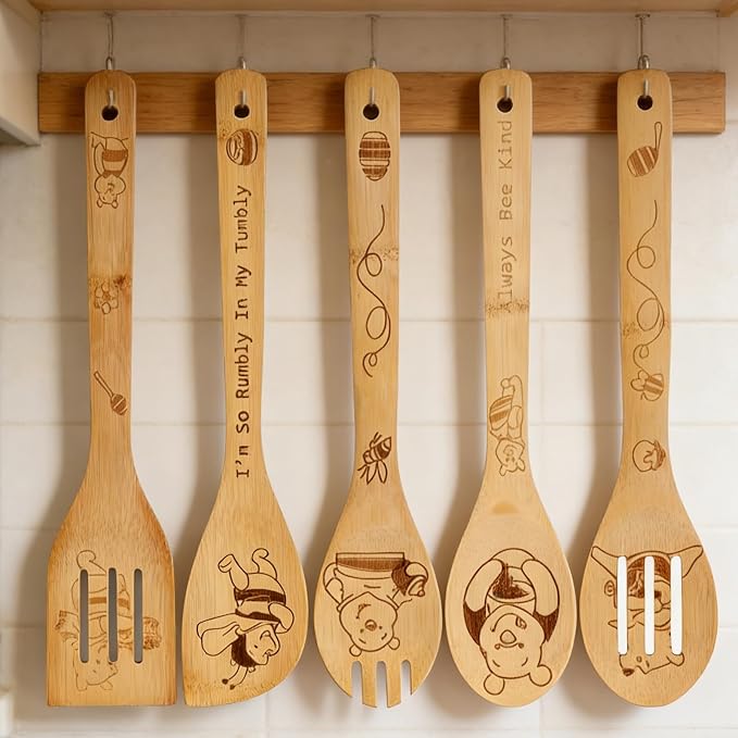 Bear Gifts for Women 5 PCS Cartoon Wooden Spoons for Cooking Bear Kitchen Accessories Cute Bee Spatula for Pooh Kitchen Decor Engraved Spoon Kitchen Stuff for Women Birthday Gifts
