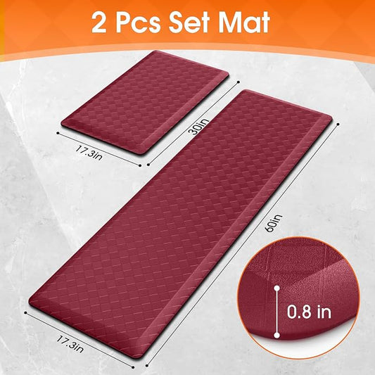 TranquilRelax 4/5 Inch Thick 2-Piece Anti-Fatigue Kitchen Mats, Cushioned Non-Slip Waterproof Sink & Stove Floor Mats, Comfortable Standing Rug Set for Kitchen, Laundry & Entryway, Red