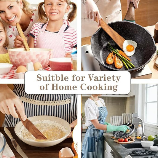 Wooden Kitchen Utensils Set, 4 Pcs Natural Acacia Wood Cooking Tools - Spurtle Set with Spatulas & Cleaning Brush, Non-Scratch for Non-Stick Pans, Safe for Home Cooking