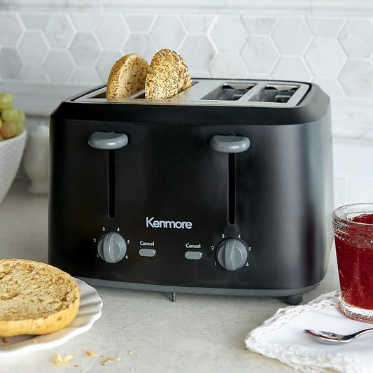 Kenmore 4-Slice Toaster with Dual Controls, Matte Black and Grey, Wide Slots, Self-Adjusting Bread Guides, Adjustable Browning, 6 Shade Settings, Toast, Bagels, Waffles, English Muffins, Small