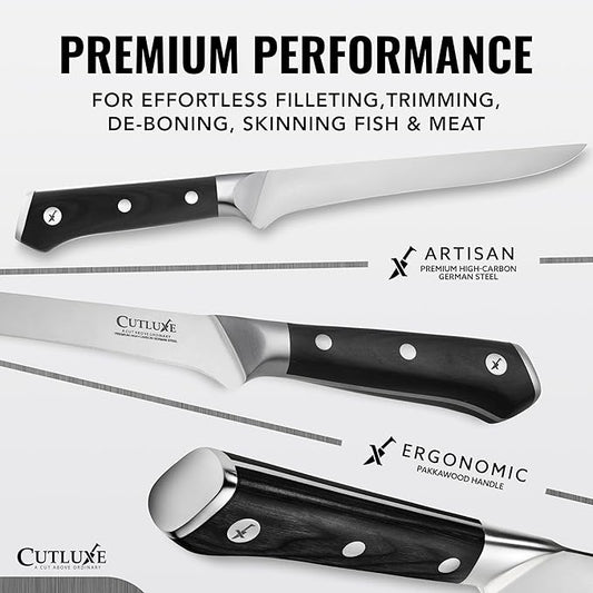 Cutluxe Boning Knife – 6" Razor Sharp Fillet – High Carbon German Steel – Full Tang Ergonomic Handle Design, Grilling Gifts for Men – Artisan Series