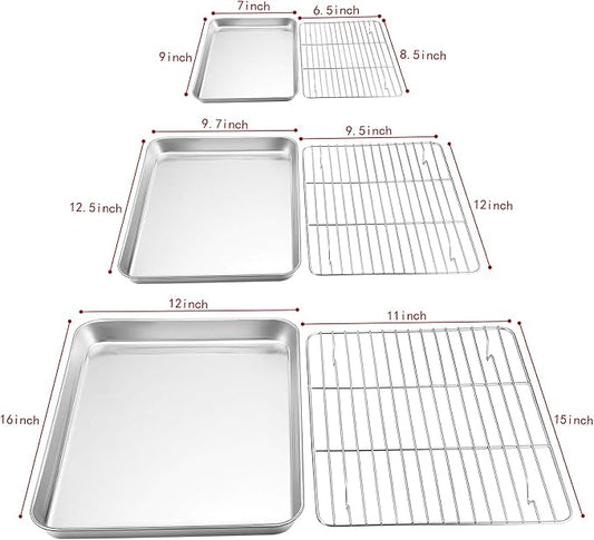P&P CHEF 16+12.5+9 Inch Baking Sheets with Racks Set, Stainless Steel Baking Cookie Sheet Oven Pan and Cooling Rack, Healthy & Easy Clean, Oven & Dishwasher Safe, 3 Sizes & 6Pcs
