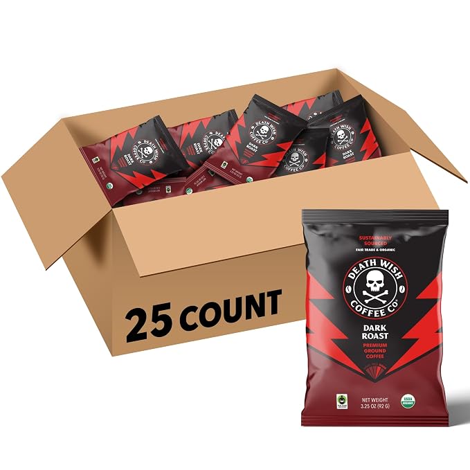 Death Wish Coffee Ground Frac Pack, Each Pack Brews One Pot, Filter Included, Dark Roast (25 Count)
