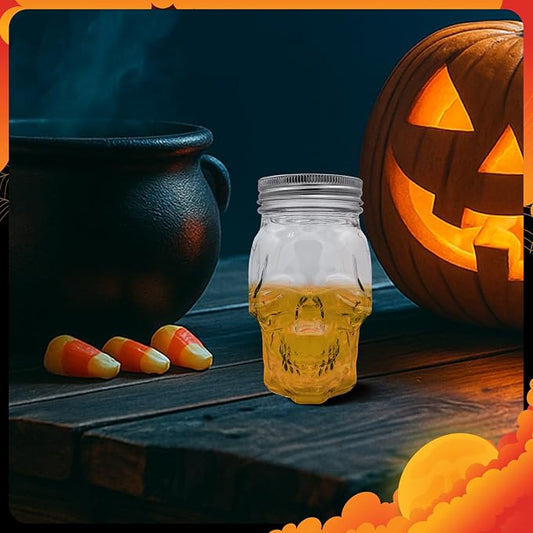 DURA LIVING Set of 2 Skull Mason Jar Glasses with Lids | 16oz Reusable Halloween Drinking Glasses | Unique Skull Décor, Storage, & Canning Jars for Parties & Gifts