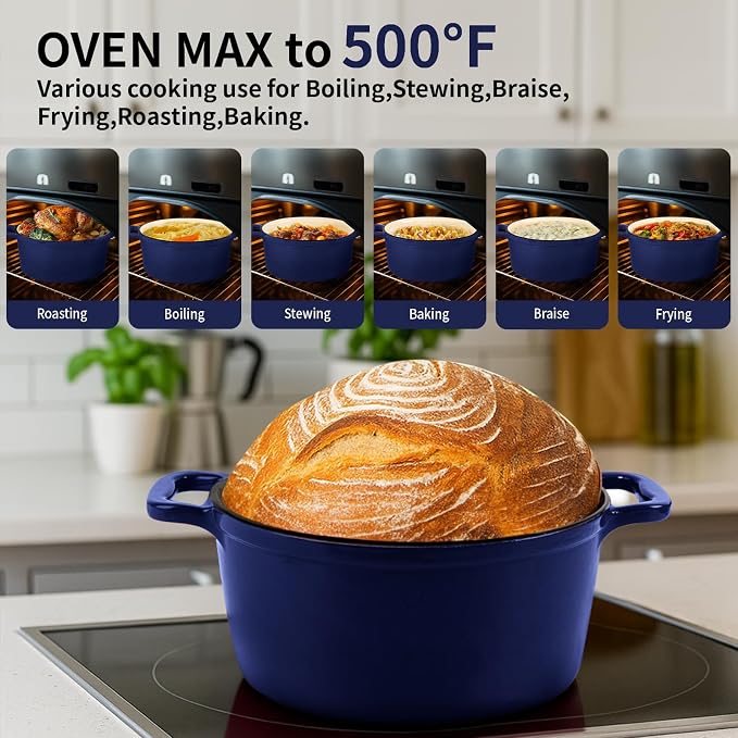 Enameled Cast Iron Dutch Oven with Lid&Silicone Grip, Round Casserole Pot for Bread Baking, Braising, Roasting,Stews,Heavy-Duty Baking Pan,Oven Safe, Induction Compatible (4.7QT,Indigo)