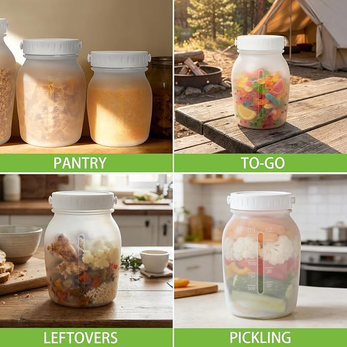 Silicone Pantry Canister Set with Lid for Dry Food Storage | Shatterproof & Lightweight | Twist-Off Lid, Wide-Mouth, Airtight, Collapsible for Space-Saving, Dishwasher Safe, 3 Pack (32oz/50oz/64oz)