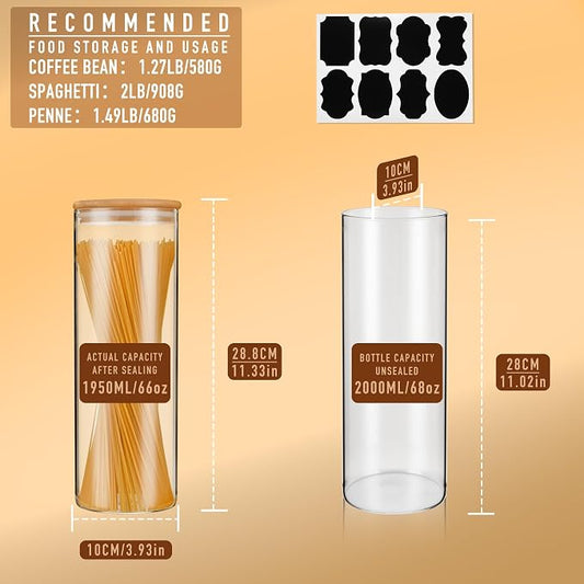 D2scrma 70oz Straight cylindrical Airtight Storage Jars with Bamboo Lid Set of 3 Storage Container Glass Jars, Kitchen Canister for Noodles, Pasta and Coffee beans (with Black Lable)