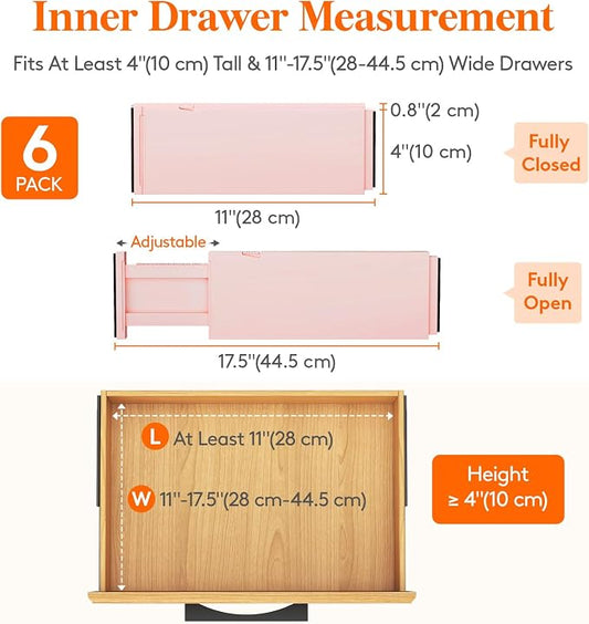 Lifewit 6 Pack Drawer Dividers 4" High 28-43.5cm/11-17" Adjustable Drawer Organizer for Clothes/Utensils, Expandable Drawer Separator in Dresser/Kitchen/Bedroom/Office Organization & Storage Pink