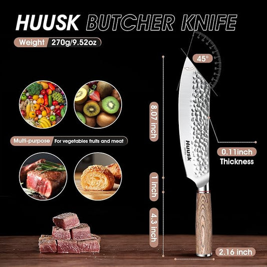 Huusk Japanese Meat Cleaver Knife - 8 Inch Professional High Carbon Steel Hand Forged Butcher Cleaver for Meat & Vegetable Cutting, Sharp Kitchen Knife with Pakkawood Handle, Gift Idea for Men Women