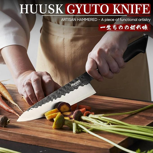 Huusk Professional Japanese Chef Knife - Hand Forged VG10 Kitchen Knives for Meat & Veggie Precise Slicing 8 inch Gyuto with Ergonomic Ebony Handle Premium Wooden Gift Box