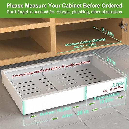 ANTOWIN 2-Pack Expandable Pull Out Cabinet Organizer 21" Deep(15.3"-26" W), 3 Full Extension Glides Slide Out Drawers, Roll Out Shelves Adhesive Raising Pad,Compatible Framed Cabinets,90lb Cap,White