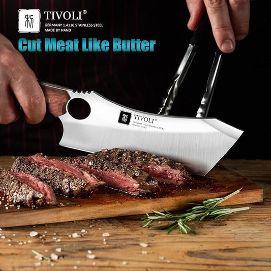 TIVOLI Meat Cleaver Knife Japanese Kitchen Vegetable Knife Sharp Meat Chopper Forged In Fire Full Tang Cleaver Knives with Sheath Bottle Opener for Outdoor Camping Men Women