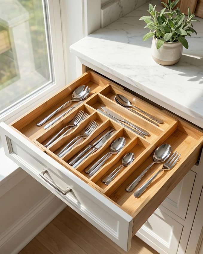 Expandable Bamboo Silverware Drawer Organizer – Adjustable 21" Wide Wooden Utensil Tray with 9-Compartments, Large Kitchen Flatware & Spoon Holder, Natural Solid Wood for Drawers