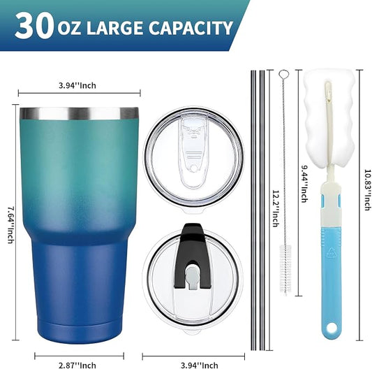 30 oz Tumbler with Lids and Straws, Stainless Steel Insulated Coffee Tumbler, Double Wall Vacuum Insulated Travel Mug Cup, Leakproof Thermal Coffee Cup for Hot and Cold Drinks (dark green blue)