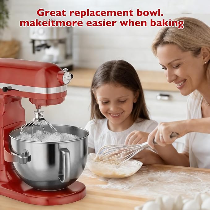 Stainless Steel Mixer Bowl, Compatible with KitchenAid Series 6QT Lift Stand Mixer, Suitable for KV25, KP26, KB26,Dishwasher Safe, Heavy Duty, No Residue, Ergonomic Handle