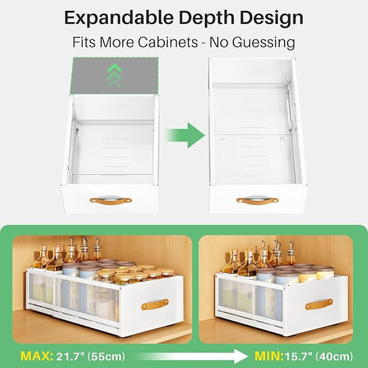 Pull out Cabinet Organizer, Expandable Depth(15.7"-21.7") with Raising Pad for Framed Cabinets, Heavy Duty Slide out Drawers, Adhesive Roll Out Shelves for Kitchen, Pantry Storage(White, 1-Pack)