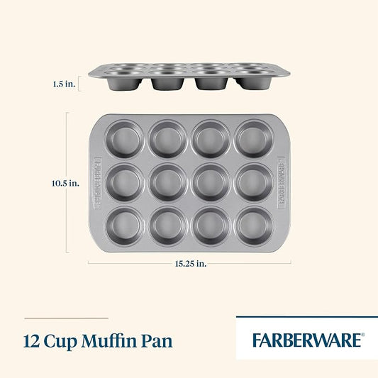 Farberware Bakeware Nonstick Muffin Pan, 12-Cup, Cupcake Baking Pan, Gray