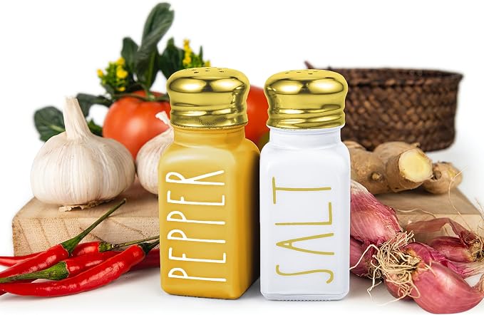 Farmhouse Gold Salt and Pepper Shakers Set by Brighter Barns - Glass Shakers & Stainless Steel Lid - Modern Farmhouse Decor for Restaurant, Airbnb, Wedding, Gifts - Luxury Kitchen Accessories (Gold)