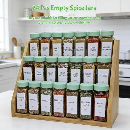 Spice Jars with Labels - 24 Glass Spice with Shaker Lids & Airtight Plastic Caps - 4oz Complete Seasoning Containers Organizer Set for Cabinet, Drawer & Rack (Light Green)