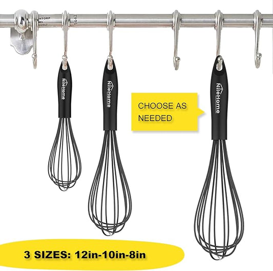 NileHome Silicone Whisk Set 8" 10" 12" Kitchen Whisk Kitchen Wisk Wire Whisks for Cooking, Whisking, Blending, Beating, Stirring-Black 3 Pack