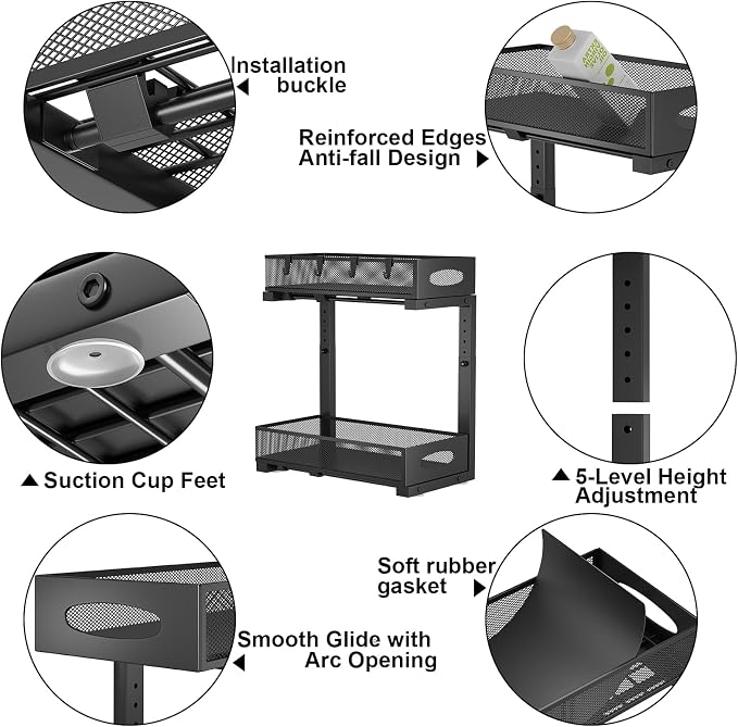 2-Pack Under Sink Organizer, 2-Tier Pull Out Baskets, Black | Rustproof carbon steel, 2 tier mesh sliding drawers, Height adjustable to bypass pipes, For kitchen, bathroom, laundry