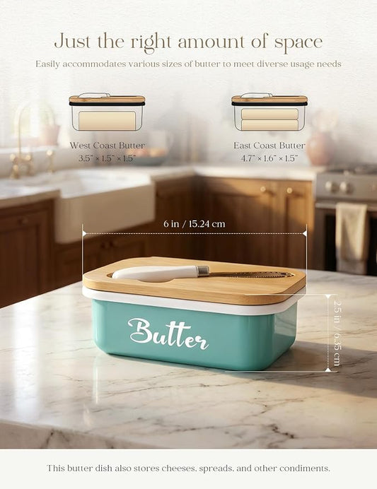 Butter Dish with Lid for Countertop, AISBUGUR Metal Butter Keeper with Stainless Steel Multipurpose Butter Knife, Large Butter Container with Double High-quality Silicone Good Kitchen Gift Green