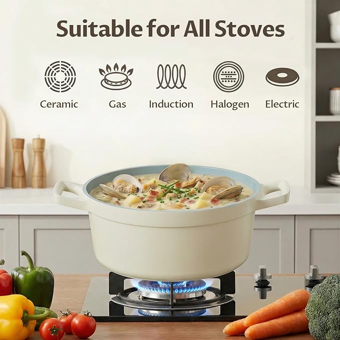 BEZIA 5.7 Quart Nonstick Ceramic Dutch Oven Style Stock Pot with Lid, Lightweight Die-Cast Aluminum Cooking Pot for Family Stew & Braising, Induction Ready Soup Pot, Oven Safe, Serves 3-5 People