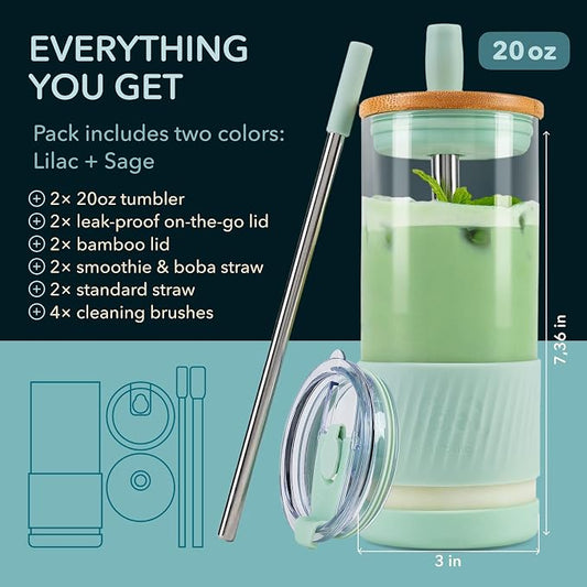 Pandaloo® Glass Cups With Lids and Straws -20 Fl Oz- Perfect Size Iced Coffee Cup - Smoothie Cup With Bamboo Lid and On the go Lid - Glass Tumbler (2 Count (Pack of 1), Lilac-Sage)