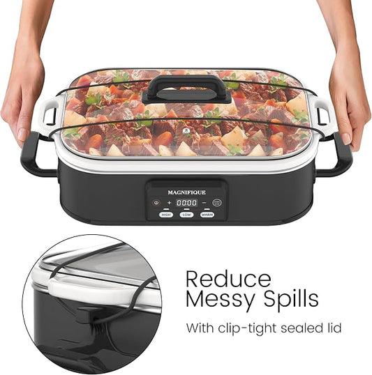 4 Quart Casserole Programmable Slow Cooker with Ceramic Baking Dish - Perfect Kitchen Small Appliance for Family Dinners, Oven Safe and Durable Bakeware for Lasagna, Roasts, Black
