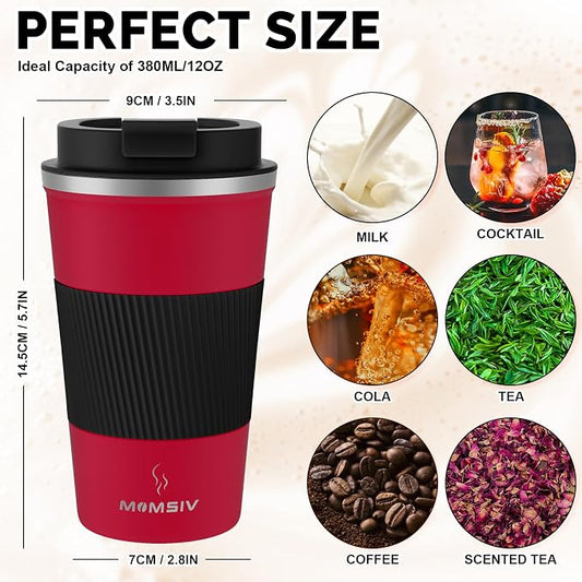 MOMSIV 12oz Travel Mug, Insulated Coffee Cup with Leakproof Lid, Vacuum Stainless Steel Double Walled Reusable Tumbler for Hot and Cold Water Coffee and Tea In Travel and Car