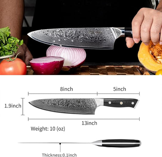 Chef Knife 8 Inch Japanese Steel Damascus Kitchen Knife, VG-10 Damascus Super Steel Kitchen Knife,Ultra Sharp Professional Cooking Knife with Ergonomic G10 Handle,Including Luxury Gift Box