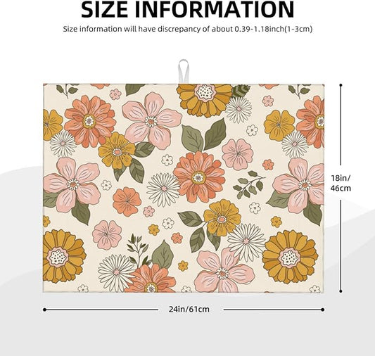 Absorbent Dish Drying Mat For Kitchen Counter, Pink Flowers Microfiber Dish Drying Pad, Kitchen Gadgets For Easy Clean Multi-Use