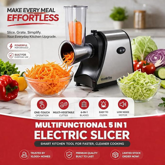 AUDRILO Electric Salad Maker & Cheese Grater, 5-in-1 Electric Vegetable Slicer with Interchangeable Stainless Steel Blades, Electric Food Processor for Cheese, Fruits & Vegetables, Electric Grater