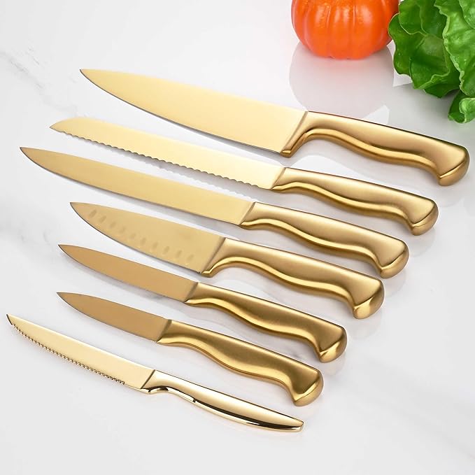 15-Piece Gold Kitchen Knife Block Set with Sharpener, Stainless Steel Knives Set for Kitchen, Chef Gold Kitchen Knife Sets with Scissors, Steak Knives