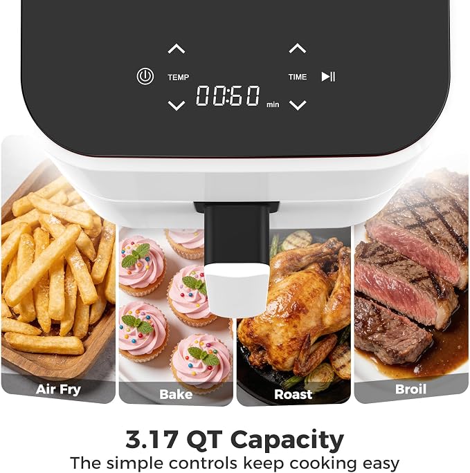 NEWBULIG Air Fryer, Compact Digital 3 Qt Airfryer with Nonstick Plate & Dishwasher Safe Basket, Quick Easy Meals, Features Auto Shutoff and Simple Touchscreen, Ideal for Small Spaces