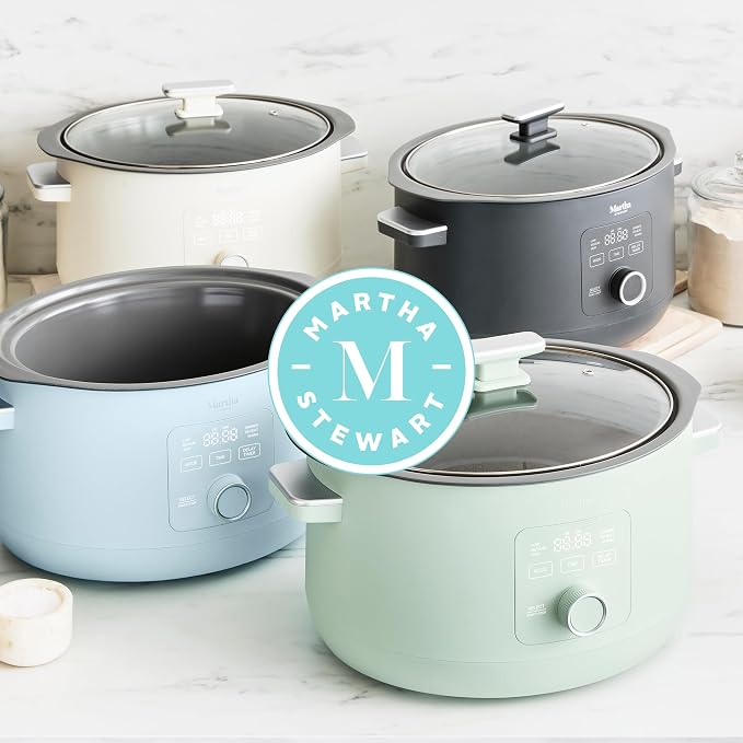 Martha Stewart 8 QT Slow Cooker, Programmable with Timer, 3 Heat Settings (Low, High, Warm), Nonstick Ceramic Removable Crock, Stovetop & Oven Safe, Glass Lid, Simmer, Reheat, Warm, Linen