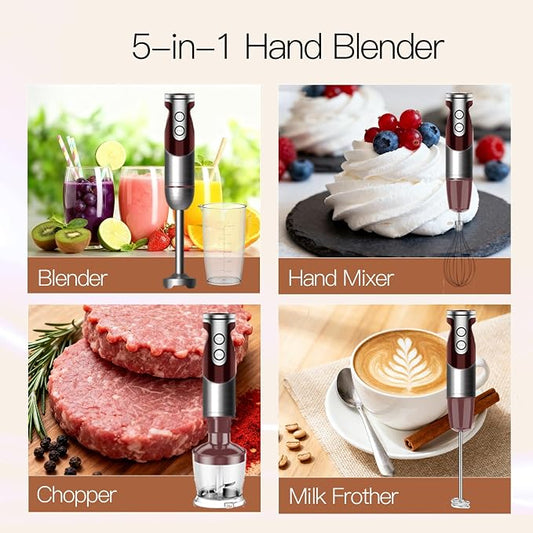 MegaWise 5-in-1 Immersion Hand Blender, Titanium Reinforced Blades (80% Sharper), 12-Speed Powerful Stick Blender with 500ml Chopper, 600ml Beaker, Whisk & Milk Frother for Smoothies, Baby Food & Soup