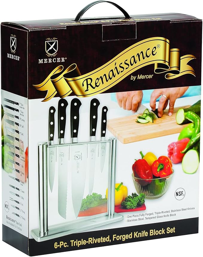 Mercer Culinary M23500 Renaissance 6-Piece Forged Knife Block Set, Tempered Glass Block