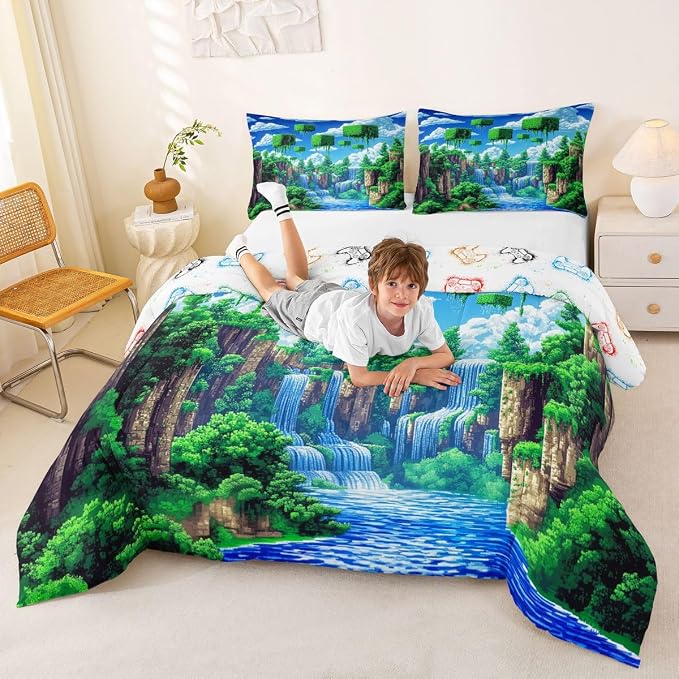 Manfei Pixelated Games Comforter Set -Cartoon Gamepad Comforter Queen Size Block Building Gaming Bedding Set for Kids Adults Bedroom Decor Fashion Modern Quilt Duvet,3 Pcs with 2 Pillowcase