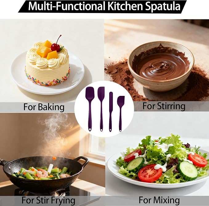 Silicone Spatula Set, Food Grade Rubber Spatula, 4 Pcs Heat Resistant Silicone Spatulas, One Piece Design Non-Stick Kitchen Utensils for Cooking, Stirring, Baking & Mixing, Dishwasher Safe (Purple)