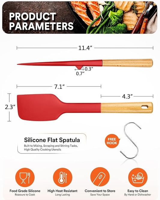 Silicone Heavy-Duty Spatula, Great For Tough Mixing And Stirring, Sturdy Bpa-Free Matte Silicone, Wooden Handle Rubber Scraper For Nonstick Cookwares (RED)