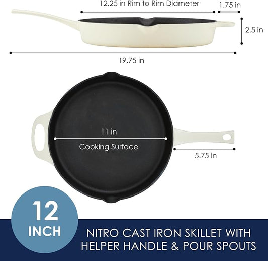 Rachael Ray NITRO Cast Iron Frying Pan/Skillet with Helper Handle and Pour Spouts, 12 Inch, Almond