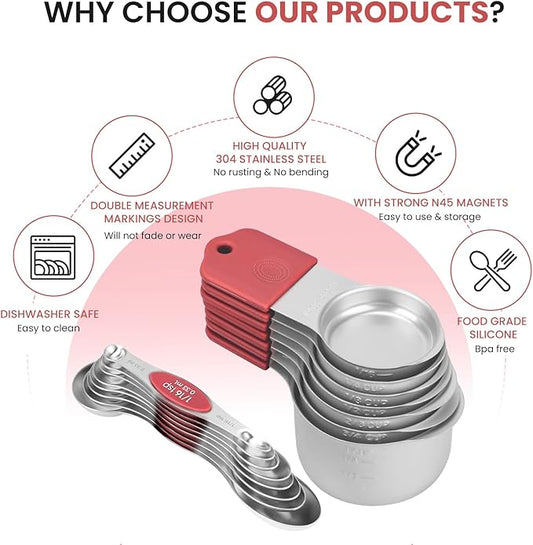 Magnetic Measuring Cups and Spoons Set-Heavy Duty 304 Stainless Steel,Double Measurement Markings,Set of 16 with Leveler for Measure Dry and Liquid Ingredients (Red)
