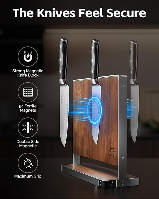 RAVS Magnetic Knife Holder for Countertop, Double-Sided Acacia Wood Magnetic Knife Block with Stainless Steel Frame, Freestanding Knife Storage Rack with Knife Sharpener, Magnetic Knife Holder Stand