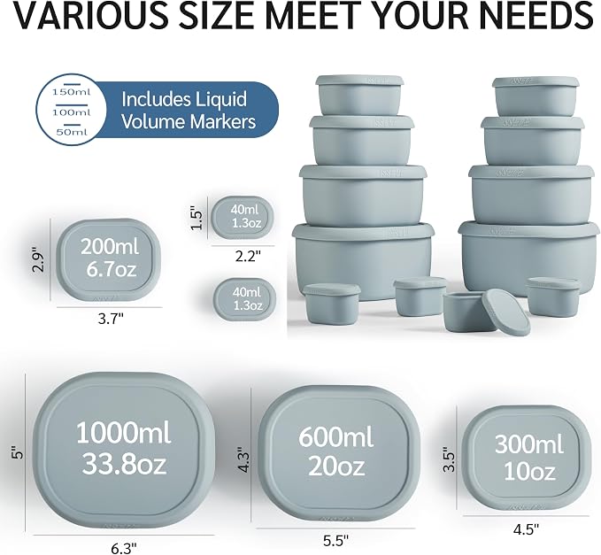 ISSEVE 12Pcs/Set Nesting Silicone Food Storage Containers with Lids, BPA Free Reusable Meal Prep Silicone Containers Airtight, Freezer Dishwasher Safe (33.8oz, 20oz, 10oz, 6.7oz, 1.3oz) (Grey)
