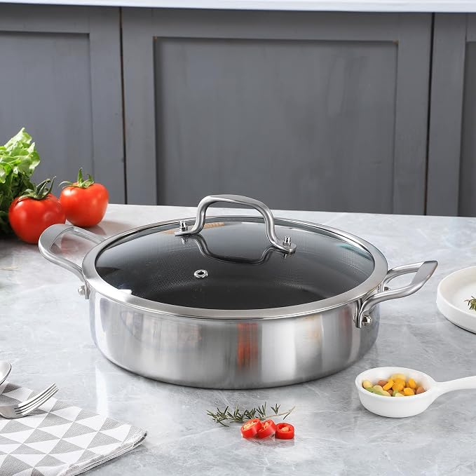 Yeksum Tri-Ply Stainless Steel 5 Quarts Saute Pan, 12.5 Inch Nonstick Skillet with lids, Hybird Large Frying Pan,18/10 Chef's Cooking Pan, Induction Pan, Dishwasher and Oven Safe